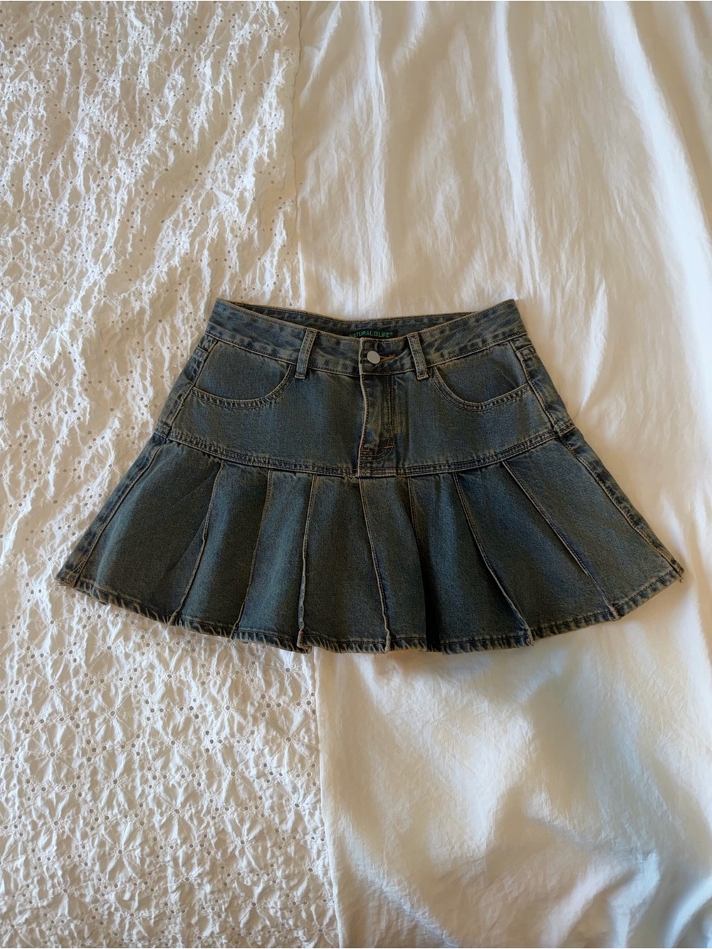 Dark Blue Denim Pleated Skater Mini Skirt